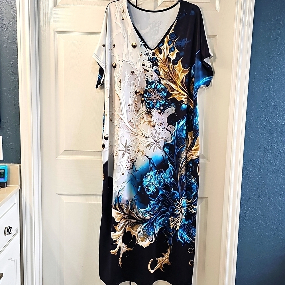 New Vibrant Tropical Vacation V-Neck Short Sleeve Coverup Or Dress - Picture 6 of 14